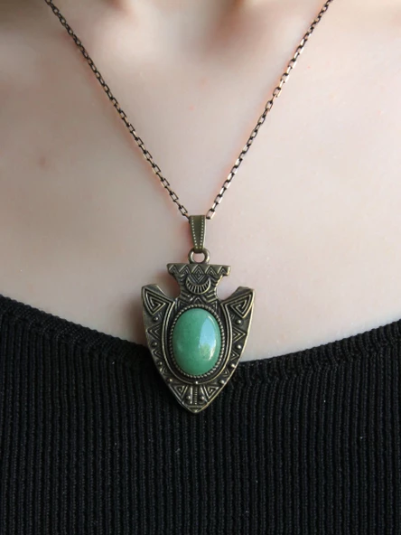 Doğal Taş Yeşil Akik Doğal Taşlı Otantik Kadın Kolye 45 Cm Zincirli euk12ya - Resim 2