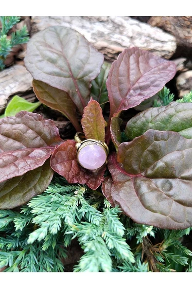 Doğal Taş Pembe Kuvars Doğal Taşlı Ayarlanabilir Yuvarlak Yüzük - Resim 2