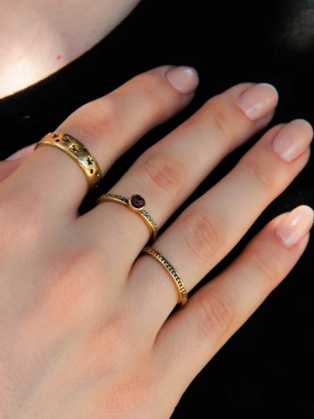 Doğal Taşlı 3'lü Garnet (Lal) Doğal Taşlı Yıldız Modelli Kadın Ayarlanabilir Yüzük Seti euy341 - Resim 2