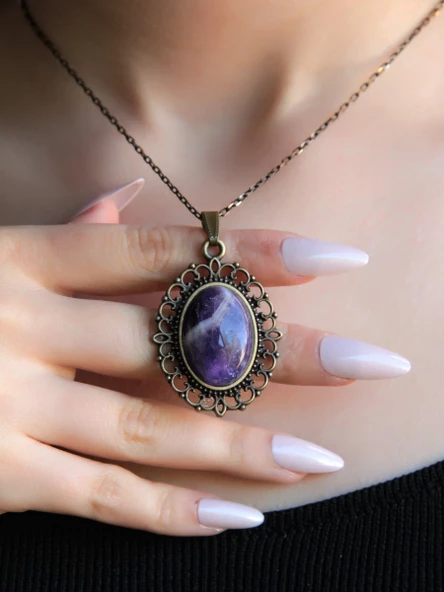 Doğal Taş Ametist Doğal Taşlı Otantik Kadın Kolye 45 Cm Zincirli euk13at ürün görseli