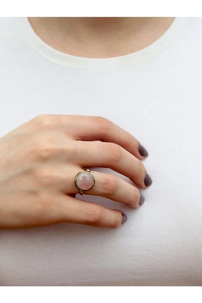 Doğal Taş Pembe Kuvars Doğal Taşlı Ayarlanabilir Yuvarlak Yüzük ürün görseli