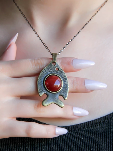 Doğal Taş Akik Doğal Taşlı Balık Desen Otantik Kadın Kolye 45 Cm Zincirli euy10a ürün görseli