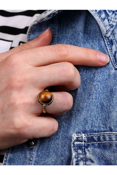 Doğal Taş Kaplan Gözü Doğal Taşlı Ayarlanabilir Yuvarlak Taşlı Yüzük ürün görseli