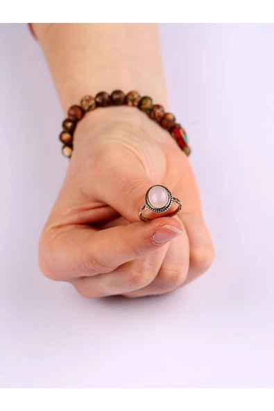 Doğal Taş Pembe Kuvars Doğal Taşlı Ayarlanabilir Orta Boy Yüzük - Resim 6