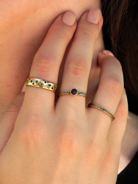 Doğal Taşlı 3'lü Garnet (Lal) Doğal Taşlı Yıldız Modelli Kadın Ayarlanabilir Yüzük Seti euy341 ürün görseli