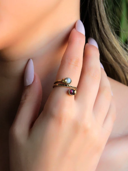 İkili 3mm Doğal Taşlı Antik Kadın Ayarlanabilir Yüzük Dendritli Opal Granat (Lal) Taşı euy32og - Resim 2