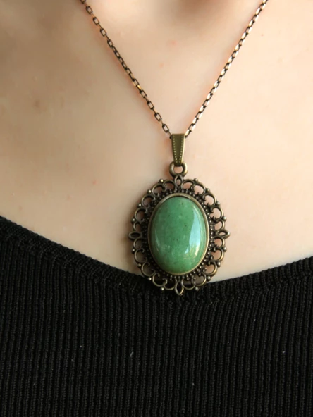 Doğal Taş Yeşil Akik Doğal Taşlı Otantik Kadın Kolye 45 Cm Zincirli euk13ya - Resim 2