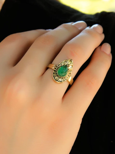 Doğal Taş Yeşil Akik Doğal Taşlı Antik Damla Model Ayarlanabilir Kadın Yüzük euy33ya - Resim 2