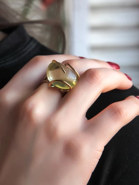 Doğal Taş Limon Kuvars Dev Boy Doğal Taşlı Ayarlanabilir Yüzük euy10lk - Resim 2