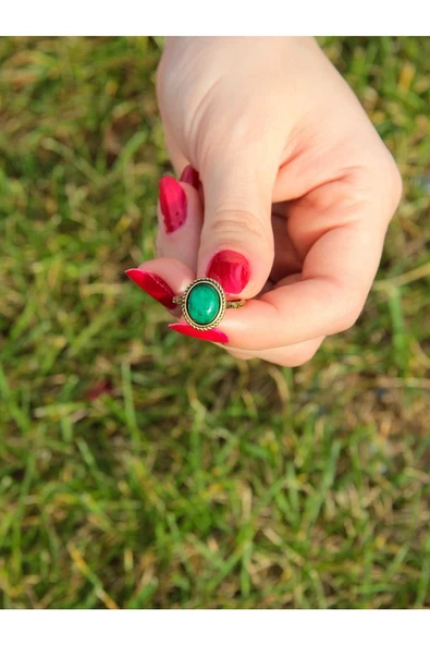 Doğal Taşlı Yeşil Akik Doğal Taş Ayarlanabilir Yüzük Orta Boy - Resim 3