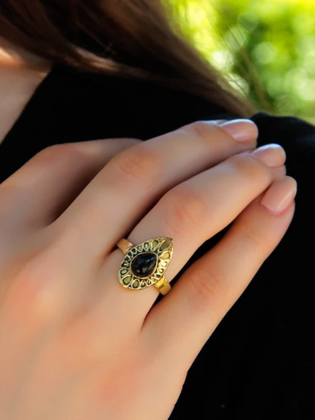 Doğal Taş Oniks Doğal Taşlı Antik Damla Model Ayarlanabilir Kadın Yüzük euy33o - Resim 2