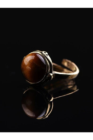 Doğal Taş Kaplan Gözü Doğal Taşlı Ayarlanabilir Yuvarlak Taşlı Yüzük - Resim 3