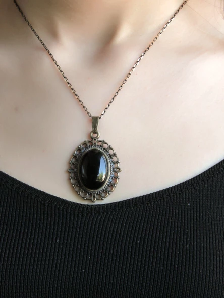 Doğal Taş Oniks Doğal Taşlı Otantik Kadın Kolye 45 Cm Zincirli euk13o - Resim 2