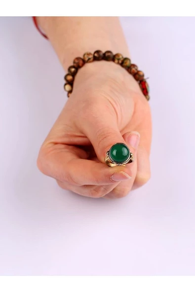 Doğal Taş Yeşil Akik Doğal Taşlı Ayarlanabilir Yuvarlak Taşlı Yüzük yeşilakik2 - Resim 6