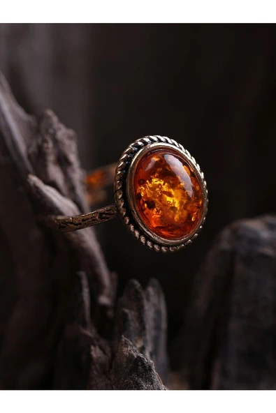 Doğal Taşlı Kehribar Ayarlanabilir Yüzük Orta Boy - Resim 5