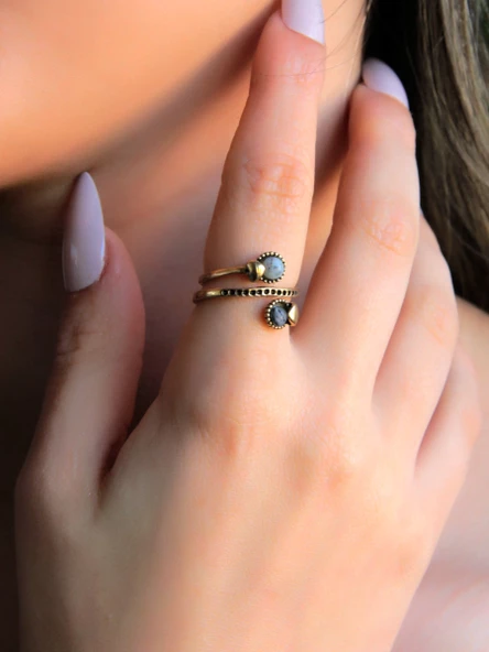 İkili 3mm Doğal Taşlı Antik Kadın Ayarlanabilir Yüzük Dendritli Opal Rutil Kuvars Taşı euy32or ürün görseli