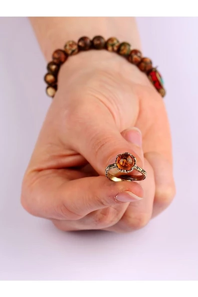 Doğal Taş Kehribar Çıtır Doğal Taşlı Ayarlanabilir Yüzük kcday-1 - Resim 6