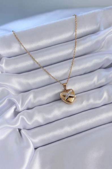 316L Çelik Gold Renk Zirkon Detay Kalp Model Kadın Kolye - TJ-BKO7626 - 2