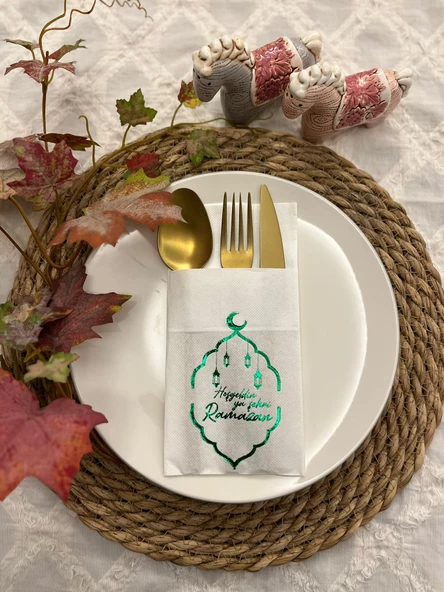 Yeşil Yaldızlı Beyaz Hoş Geldin Ya Şehri Ramazan Cepli Peçete 12 li Yeni Model ürün görseli 1