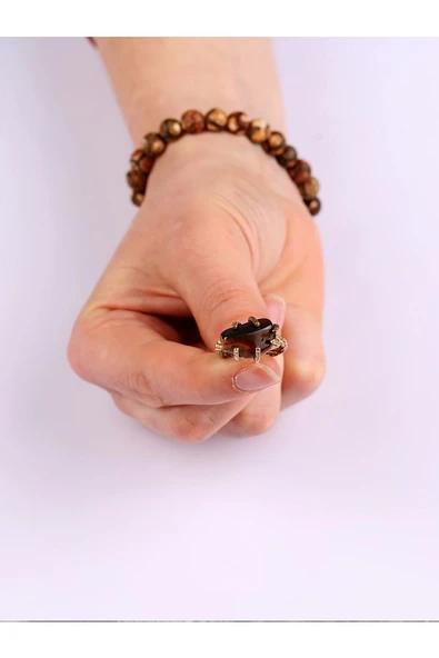 Doğal Taş Kaplangözü Doğal Taşlı Ayarlanabilir Yüzük - Resim 6