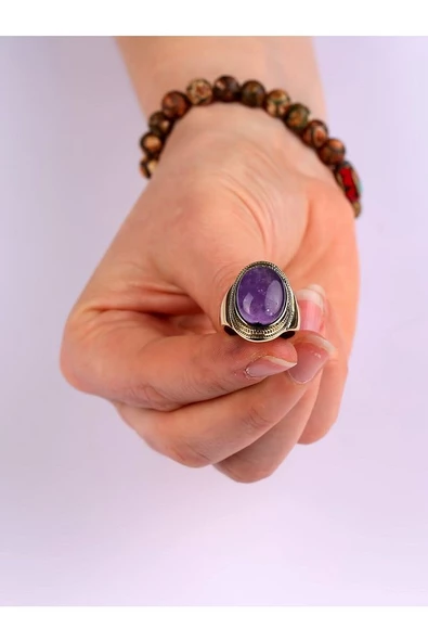 Doğal Taş Ametist Doğal Taşlı Ayarlanabilir Kadın Yüzük euyat - Resim 6