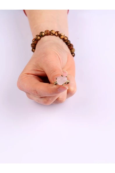 Doğal Taş Pembe Kuvars Doğal Taşlı Ayarlanabilir Yüzük - Resim 6