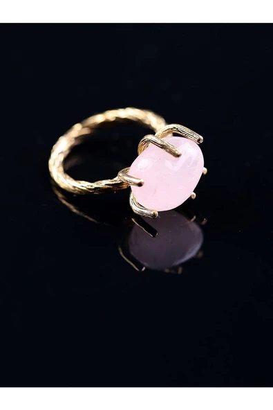 Doğal Taş Pembe Kuvars Doğal Taşlı Ayarlanabilir Yüzük - Resim 4