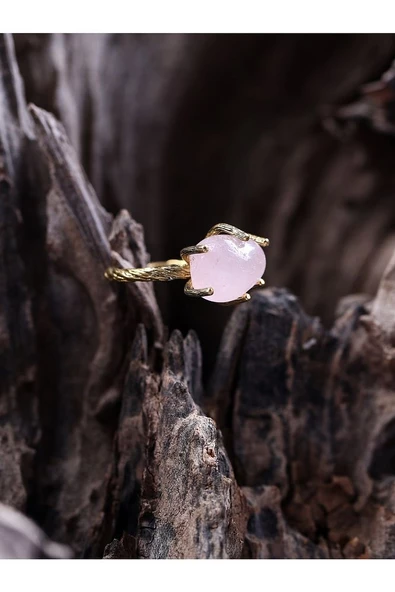 Doğal Taş Pembe Kuvars Doğal Taşlı Ayarlanabilir Yüzük - Resim 5