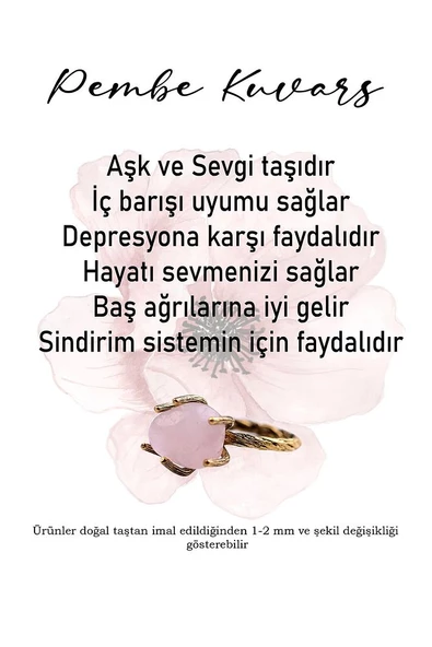 Doğal Taş Pembe Kuvars Doğal Taşlı Ayarlanabilir Yüzük - Resim 7