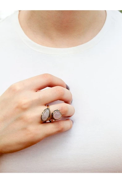 Doğal Taş Pembe Kuvars Doğal Taşlı İkili Otantik Ayarlanabilir Yüzük dtyipk ürün görseli