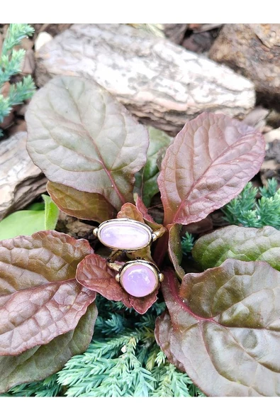 Doğal Taş Pembe Kuvars Doğal Taşlı İkili Otantik Ayarlanabilir Yüzük dtyipk - Resim 2