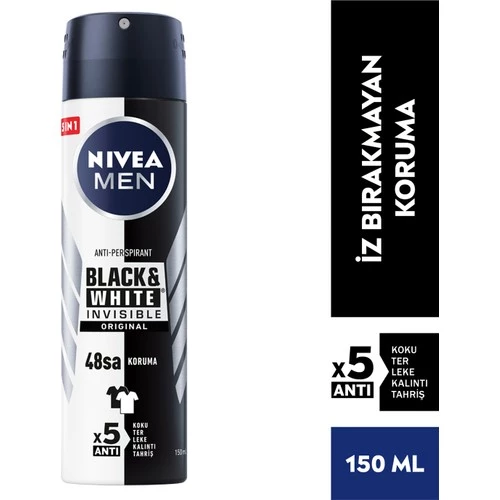 Nıvea Men Erkek Sprey Deodorant Black&White Invisible Original Ter Ve Ter Kokusuna Karşı 48 Saat Anti-Perspirant  150Ml