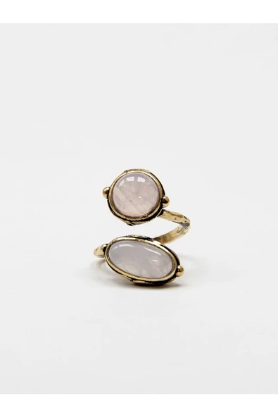 Doğal Taş Pembe Kuvars Doğal Taşlı İkili Otantik Ayarlanabilir Yüzük dtyipk - Resim 3
