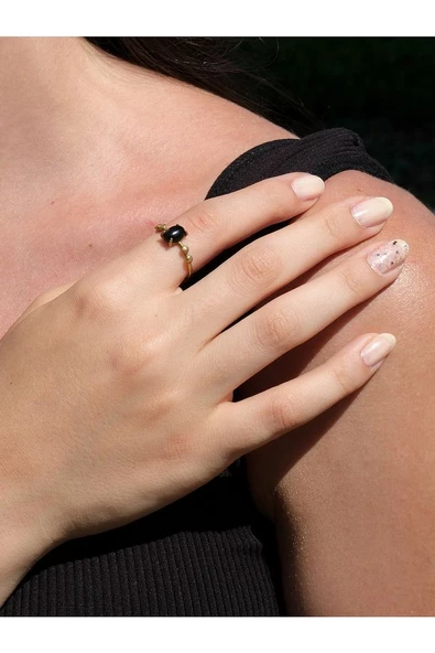 Minimal Doğal Taş Obsidyen Doğal Taşlı Otantik Minimal Ayarlanabilir Yüzük euy5o - Resim 2