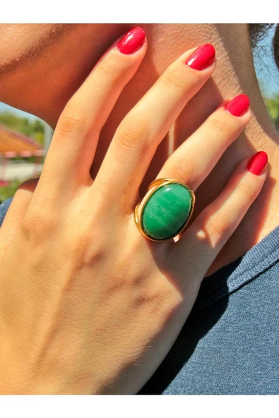 Oval Yeşil Akik Doğal Taş Ayarlanabilir Kadın Doğal Taş Yüzük euy13ya ürün görseli