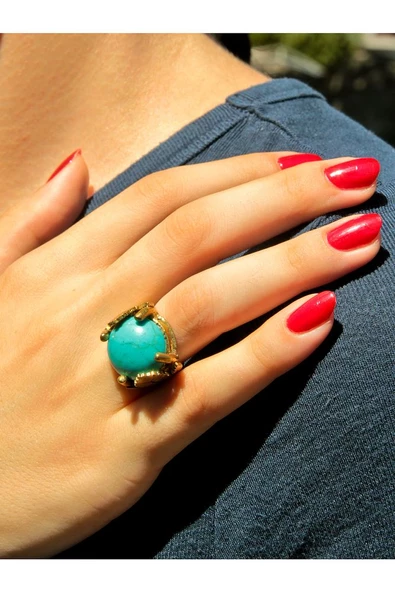 Yaprak Desenli Firuze Doğal Taş Ayarlanabilir Kadın yüzük euy14f - Resim 2
