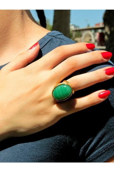 Oval Yeşil Akik Doğal Taş Ayarlanabilir Kadın Doğal Taş Yüzük euy13ya - Resim 2