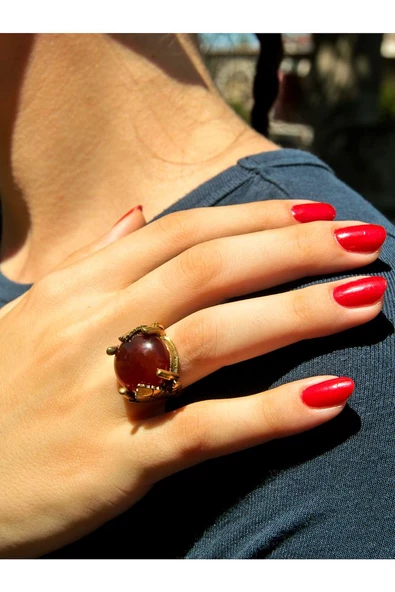 Yaprak Desenli Akik Doğal Taş Ayarlanabilir Kadın yüzük euy14a - Resim 2