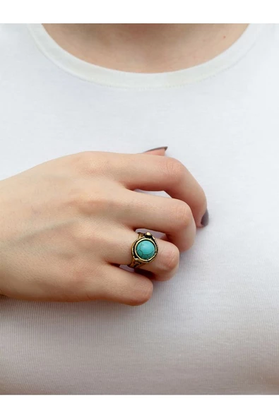 Doğal Taş Yuvarlak Firuze Doğal Taşlı Ayarlanabilir Orta Boy Yüzük euy7f ürün görseli