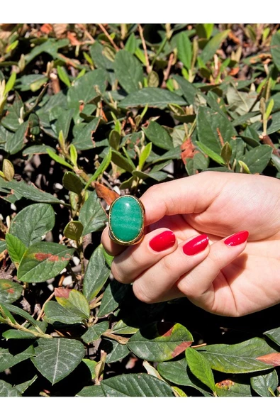 Oval Yeşil Akik Doğal Taş Ayarlanabilir Kadın Doğal Taş Yüzük euy13ya - Resim 3