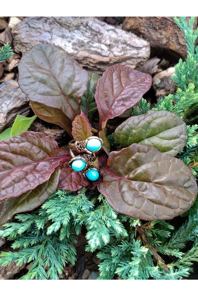 Doğal Taş 3'lü Firuze Doğal Taşlı Işlemeli Ayarlanabilir Kadın Yüzük euy8f - Resim 2