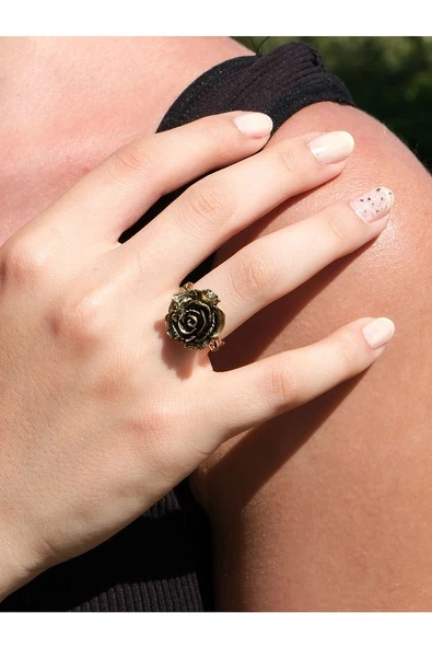 Gül İşlemeli Antik Eskitme Ayarlanabilir Kadın Yüzük euy126 - Resim 2