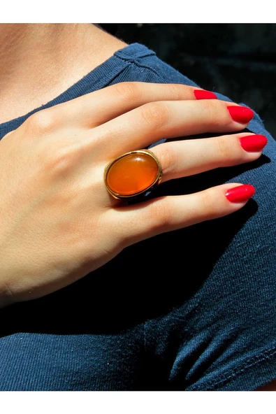 Oval Sarı Akik Doğal Taş Ayarlanabilir Kadın Doğal Taş Yüzük euy13sa - Resim 2