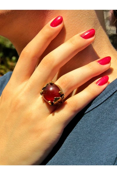 Yaprak Desenli Akik Doğal Taş Ayarlanabilir Kadın yüzük euy14a ürün görseli