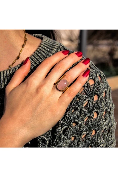 Doğal Taş Pembe Kuvars Ayarlanabilir Kadın Yüzük Aşk Taşı euy2pk - Resim 2