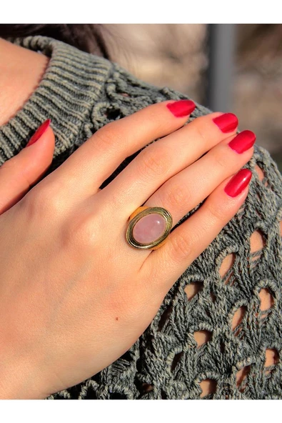 Doğal Taş Pembe Kuvars Ayarlanabilir Kadın Yüzük Aşk Taşı euy1pk - Resim 2