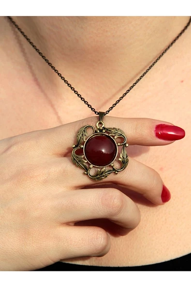 Doğal Taş Akik Doğal Taşlı Otantik Kadın Yuvarlak Kolye 45 Cm Zincirli euyk1a - Resim 3