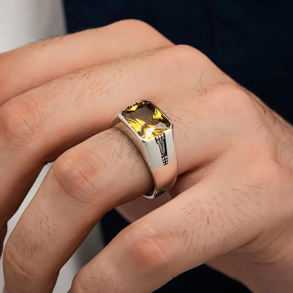 Sitrin Taşlı Gümüş Erkek Yüzük - 3