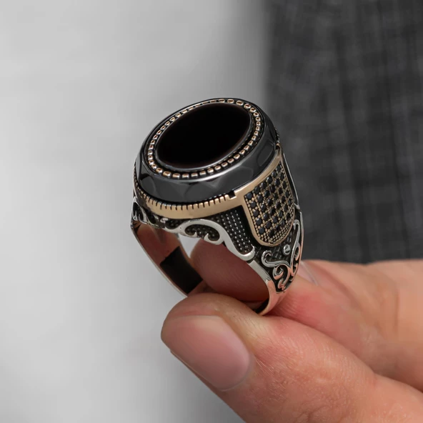 Oval Oniks Taşlı Gümüş Erkek Yüzük - 2