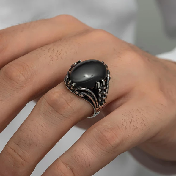 Oval Oniks Taşlı Gümüş Erkek Yüzük - 5